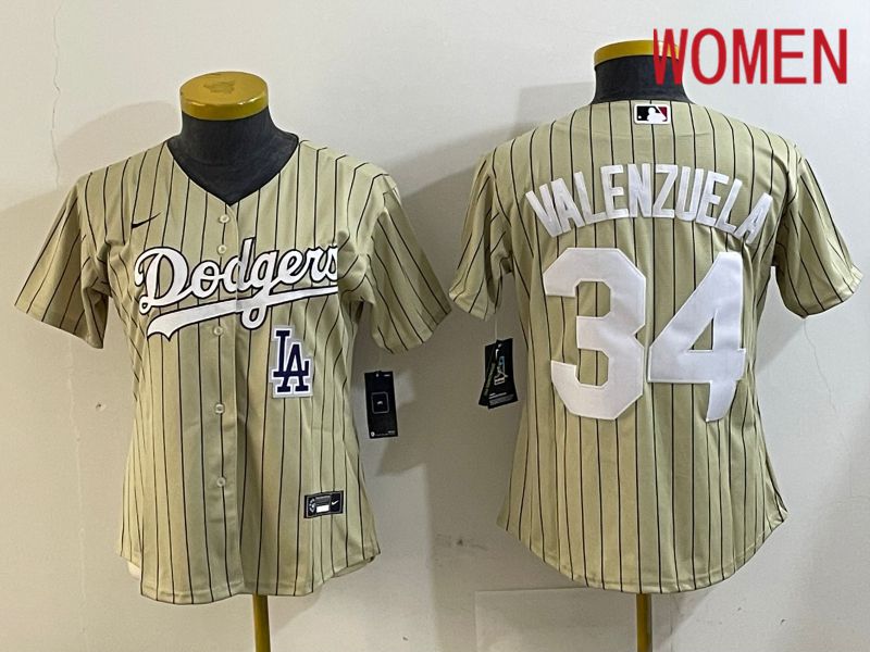 Women Los Angeles Dodgers #34 Valenzuela Green Stripe Game 2024 Nike MLB Jersey style 6->women mlb jersey->Women Jersey